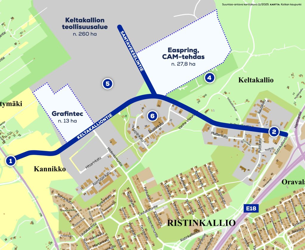 Keltakallion teollisuusalueen kartta, jossa merkattuna tulevat rakennushankkeet.